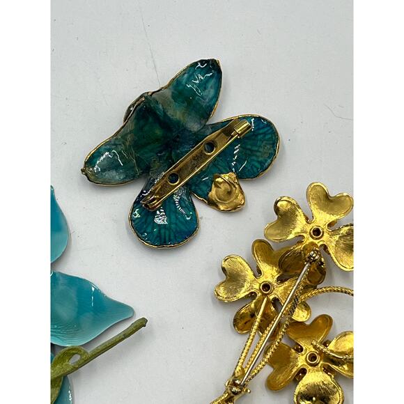 Set of three Floral Flower Mixed Brooch Wearable Lot Jewelry Blue Teal Gold tone - Picture 9 of 10